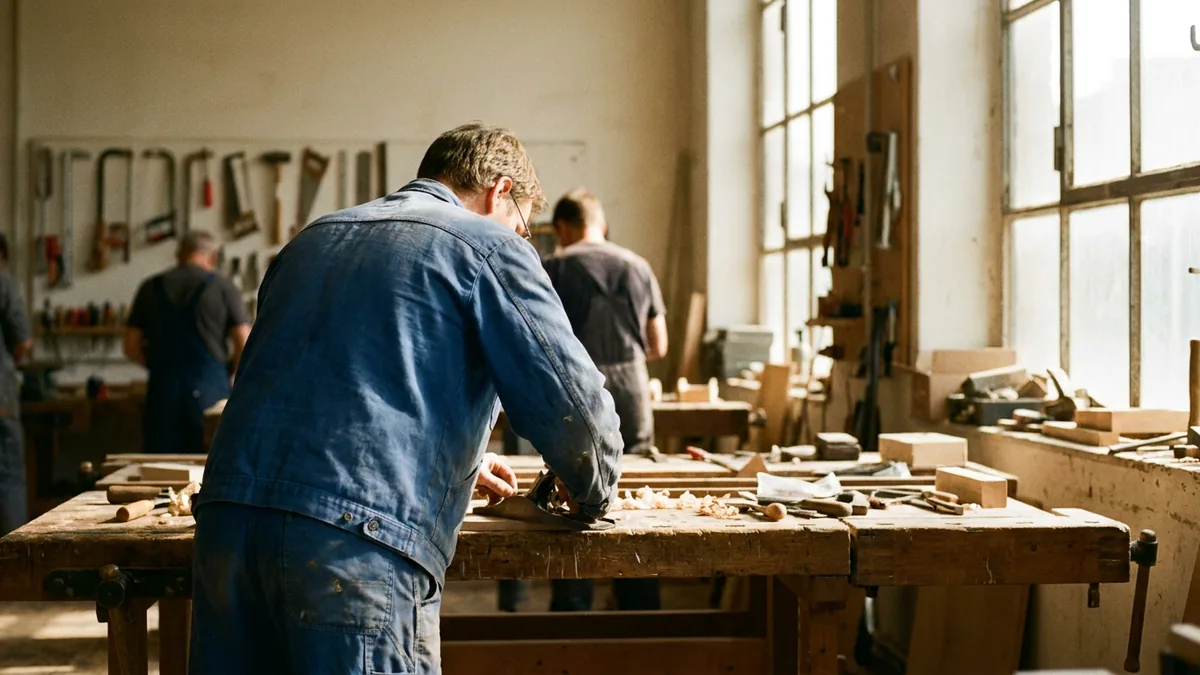 Auszubildender von hinten an einer Werkbank in einer Handwerkswerkstatt mit Werkzeugwand
