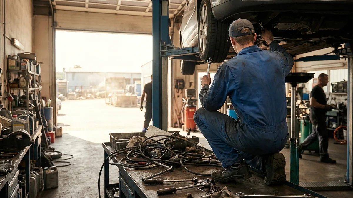 Auszubildender von hinten unter einer Hebebühne in einer Kfz-Werkstatt