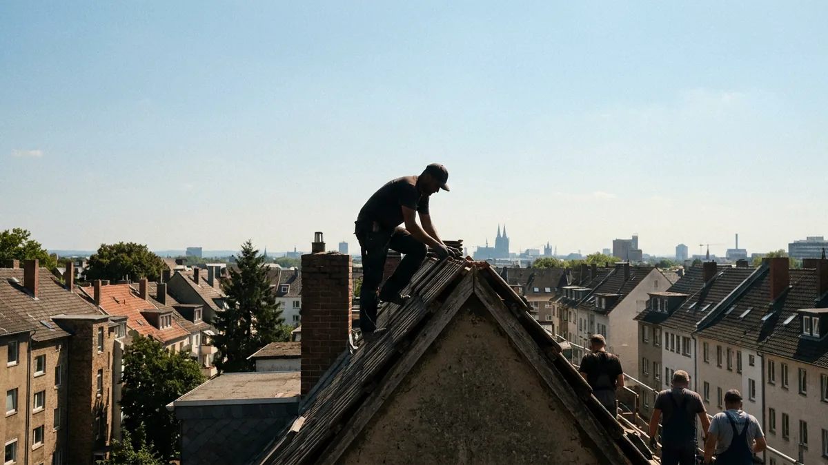 Dachdecker in Silhouette auf einem Dach über Kölner Altbaudächern