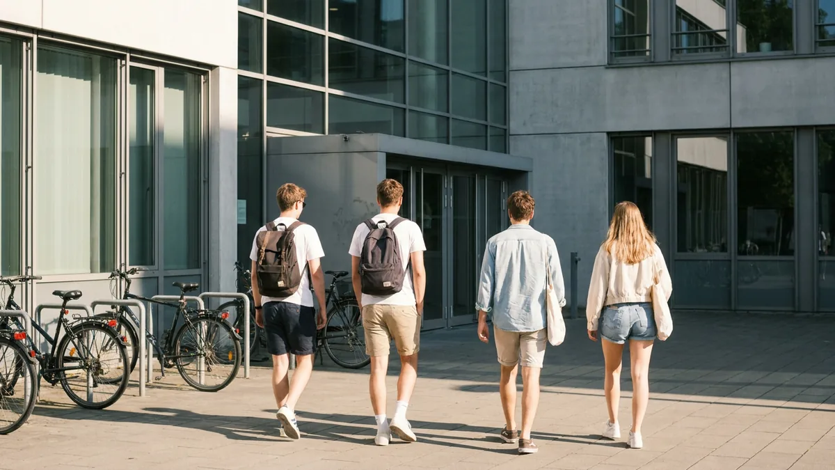 Junge Leute von hinten vor dem Eingang eines Ausbildungsgebäudes in Köln