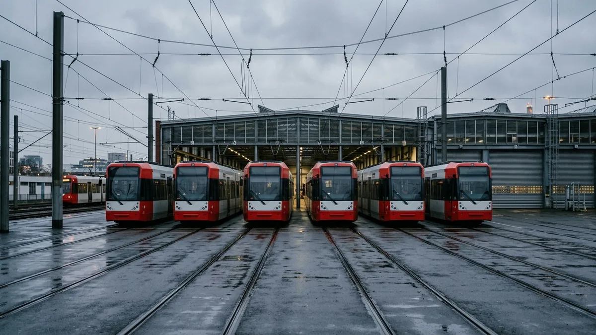 Reihe moderner Stadtbahnwagen in einem Betriebshof, Frontansicht bei Morgenlicht