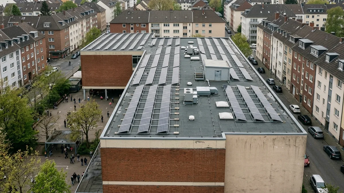 Schuldach mit Photovoltaikmodulen, Aufnahme aus erhöhter Position über einem Kölner Wohnquartier
