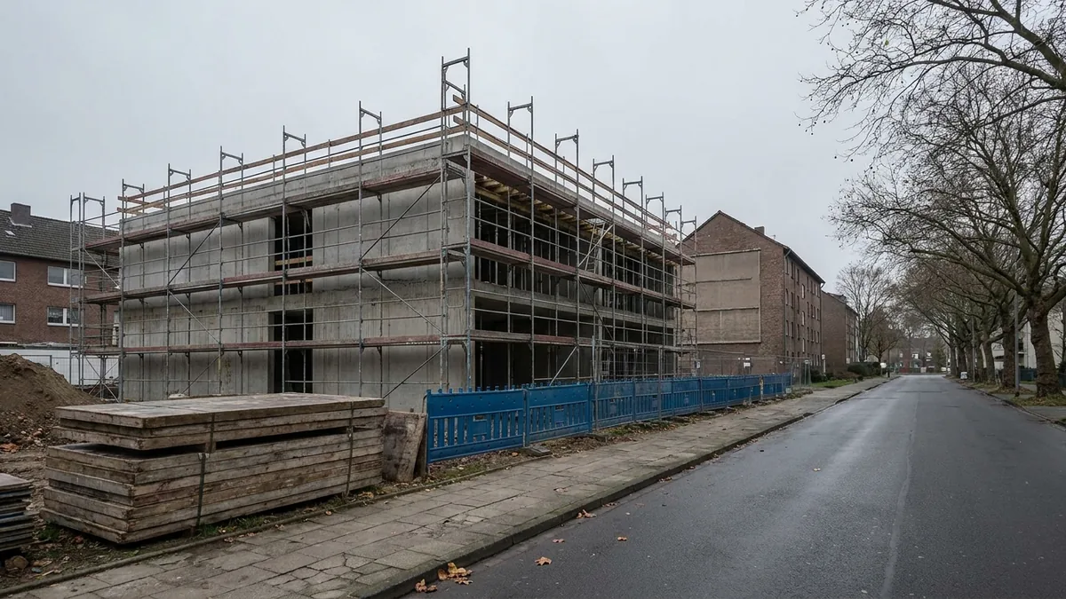 Eingerüsteter Betonrohbau an einer Straße hinter blauem Bauzaun, davor gestapelte Holzbohlen
