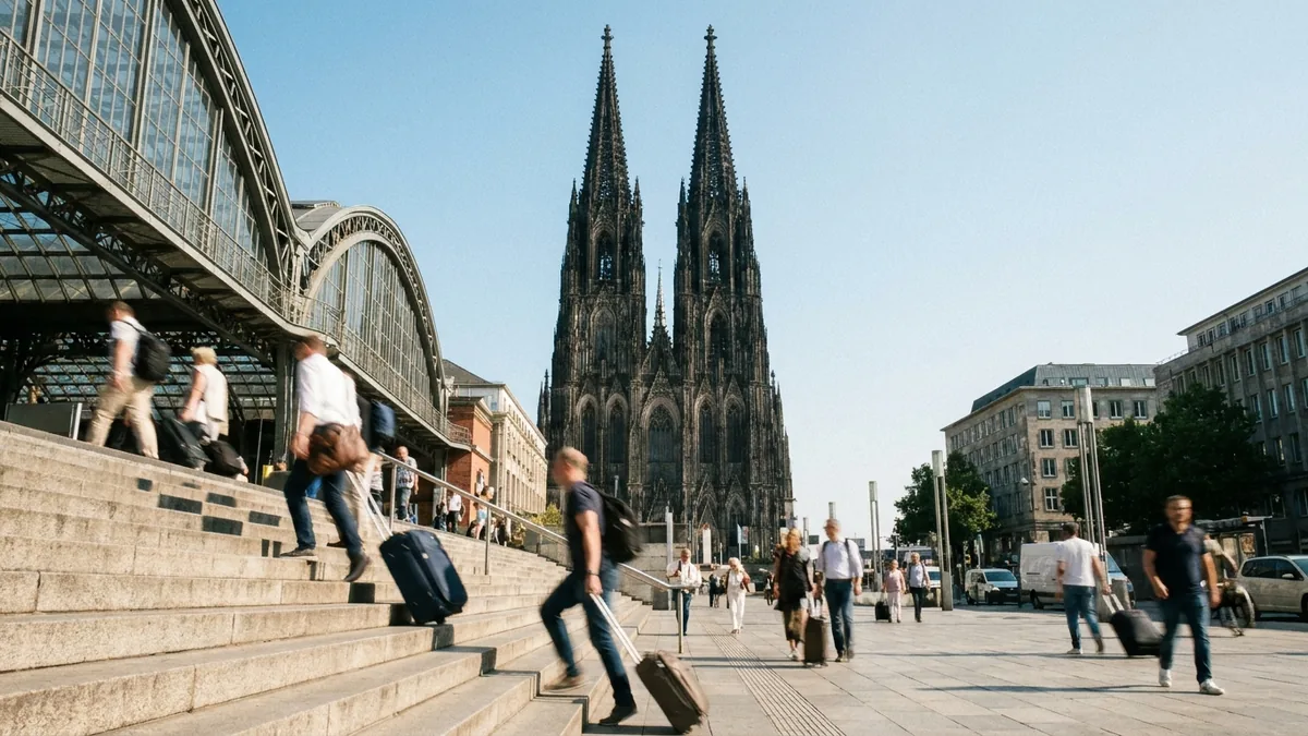 Reisende mit Rollkoffern auf einer Bahnhofstreppe, dahinter der Kölner Dom vor blauem Himmel