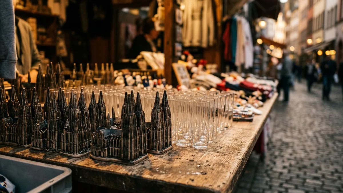 Nahaufnahme einer Souvenirauslage mit Dom-Miniaturen und schmalen Gläsern auf Holztheke