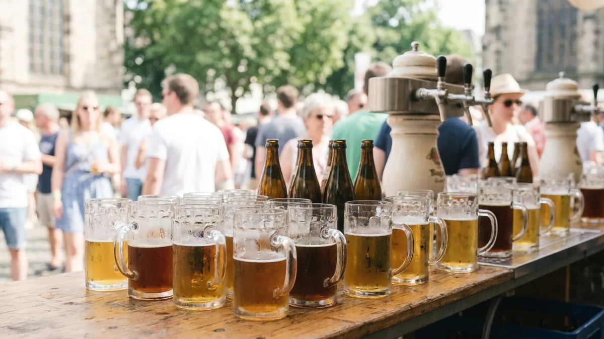 Reihen gefüllter Biergläser verschiedener Sorten auf einem Tresen eines Festivalstands