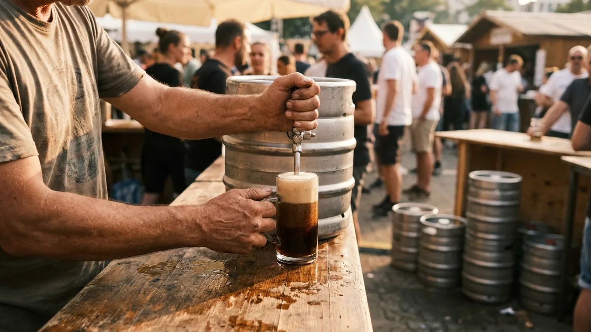 Hände zapfen ein Bier an einem Stand der Kölner Bierbörse