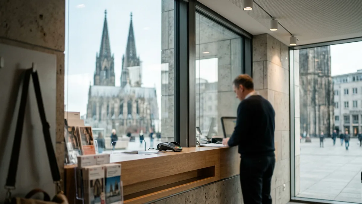 Ticketschalter hinter einer Glasfront, in der sich die Türme einer gotischen Kathedrale spiegeln.