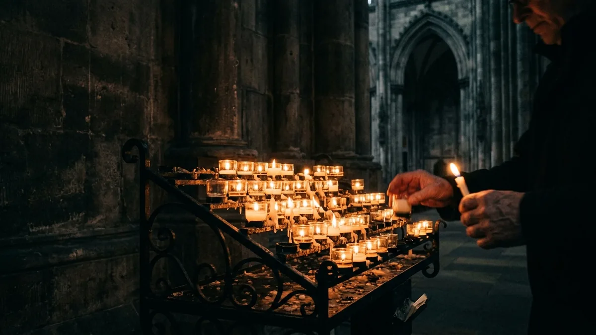Brennende Opferkerzen auf einem eisernen Ständer im Halbdunkel einer Kirche.
