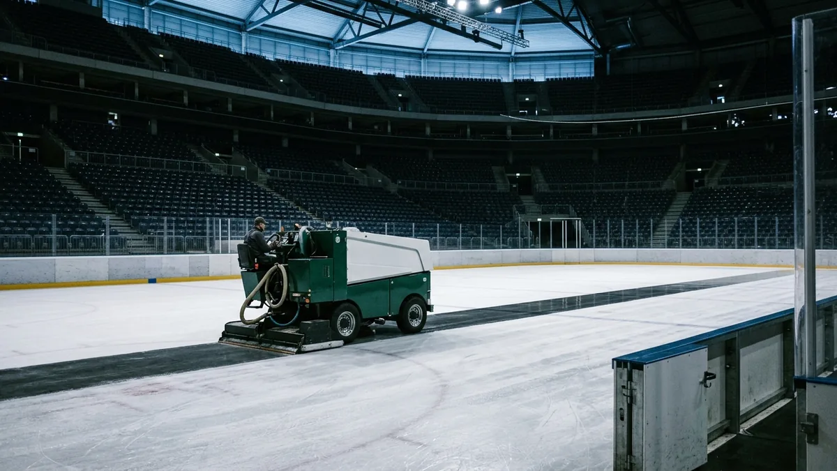 Eismaschine zieht Bahnen auf der leeren Eisfläche einer großen Arena