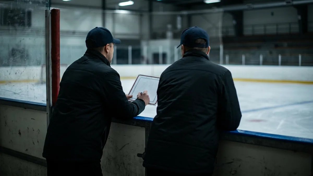 Eishockeytrainer in dunkler Jacke mit Whiteboard am Bandenrand, von hinten fotografiert