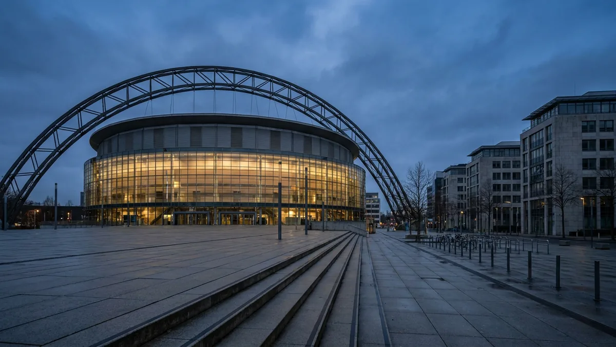 Große runde Multifunktionsarena in Köln-Deutz von außen bei Abendlicht