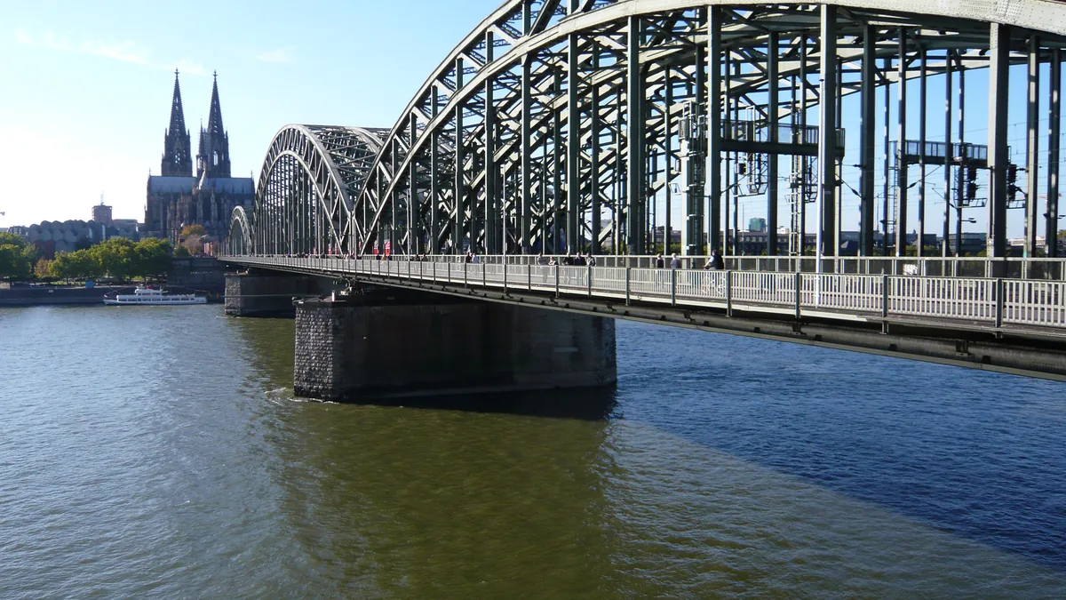 Rheinpanorama in Köln mit Hohenzollernbrücke, Dom und Uferpromenade
