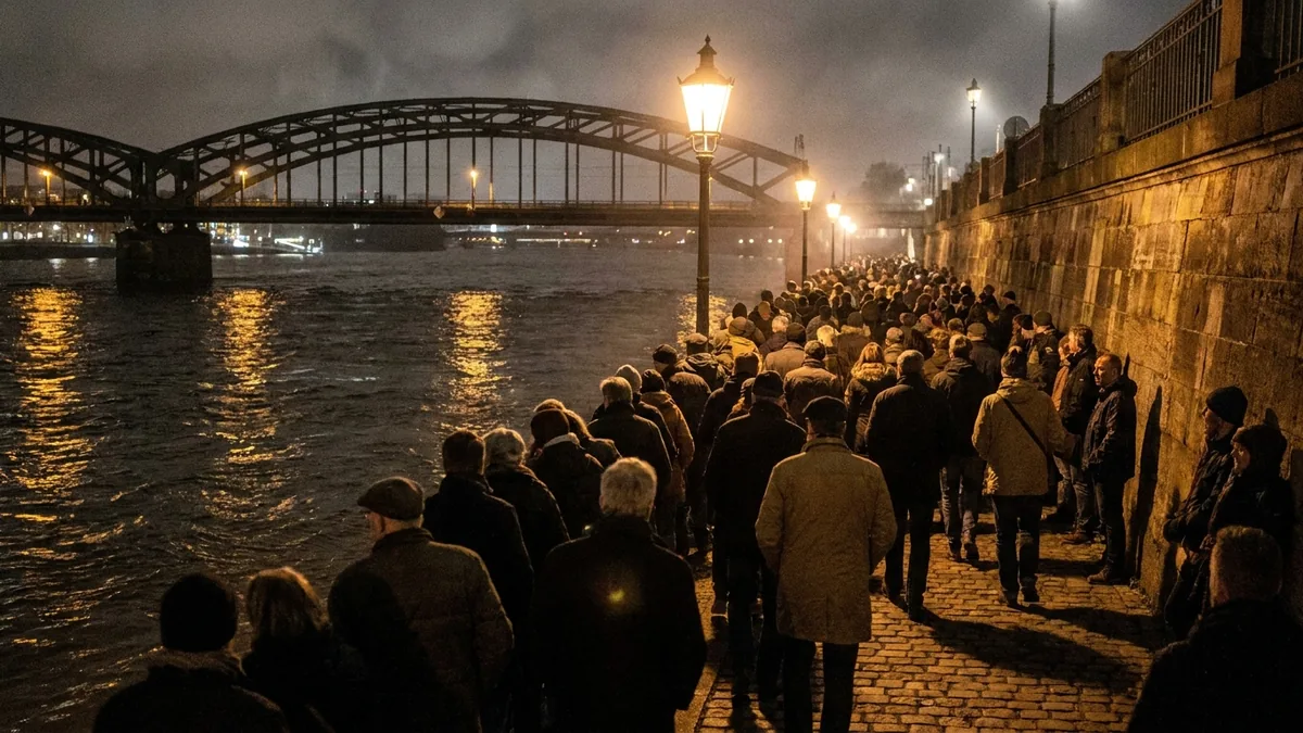 Dichtes Publikum bei Nacht auf einer Uferpromenade am Fluss