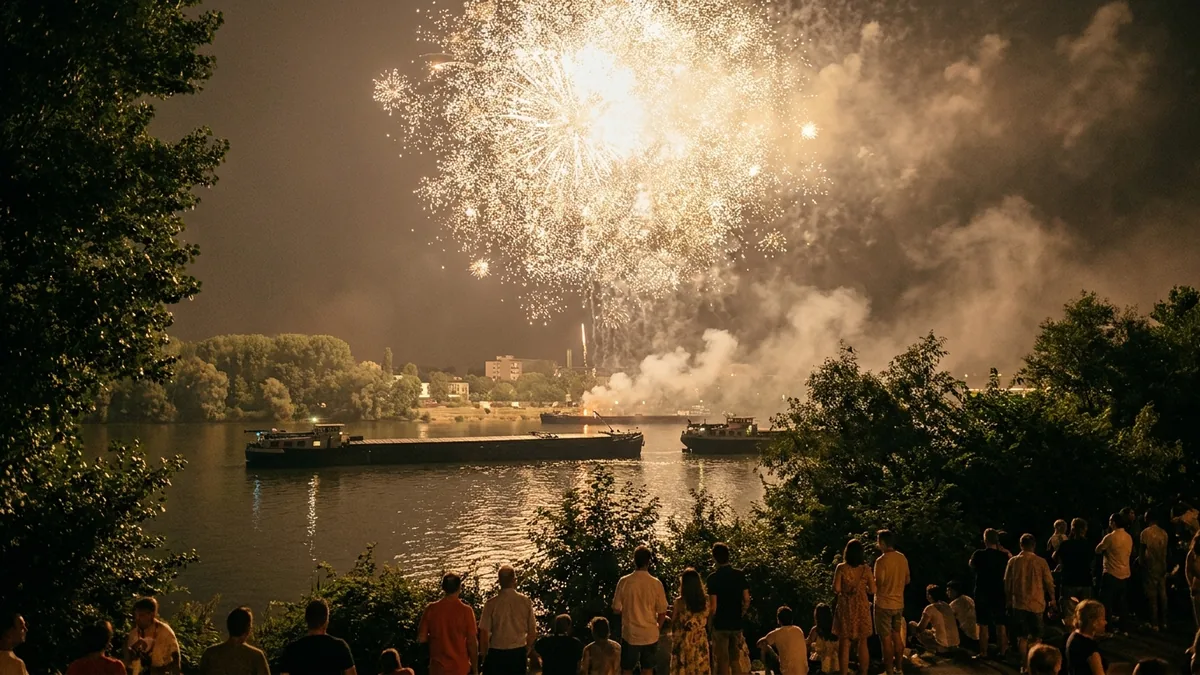 Höhenfeuerwerk über einem breiten Fluss, davor zwei dunkle Schiffe