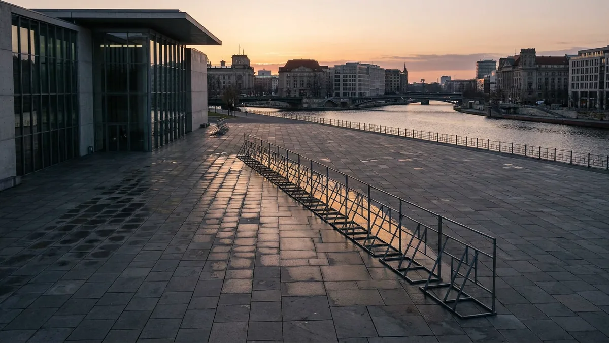 Leere gepflasterte Uferpromenade im Morgenlicht, links ein modernes Gebäude mit Glasfassade, rechts ein Fluss mit Brücken