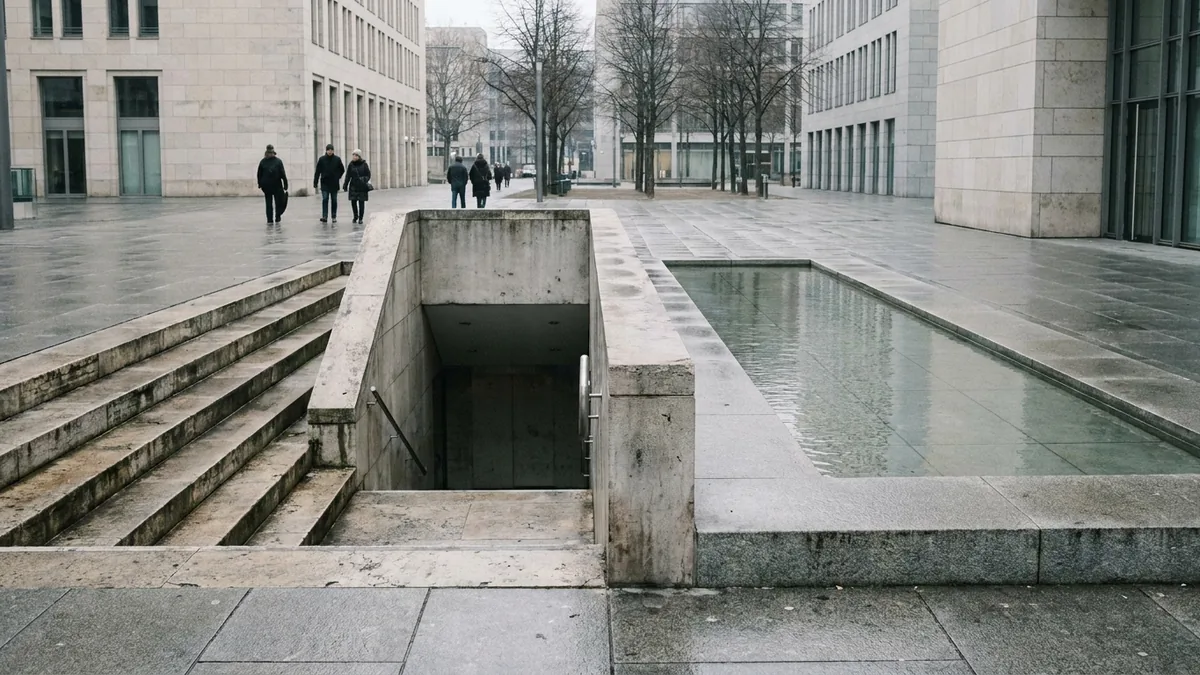 Treppenabgang zu einem tiefer gelegenen Eingang auf einem regennassen Platz, daneben ein flaches Wasserbecken und Passanten