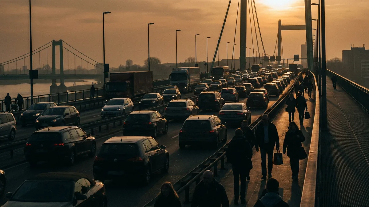 Stauender Verkehr auf einer mehrspurigen Brücke im Abendlicht, Fußgänger auf dem Gehweg, im Hintergrund eine Hängebrücke