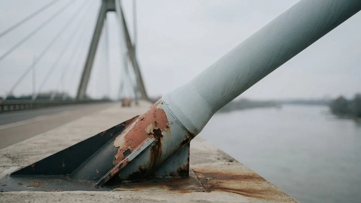 Nahaufnahme einer Seilverankerung an einer Schrägseilbrücke, die Beschichtung blättert ab, darunter zeigt sich Rost