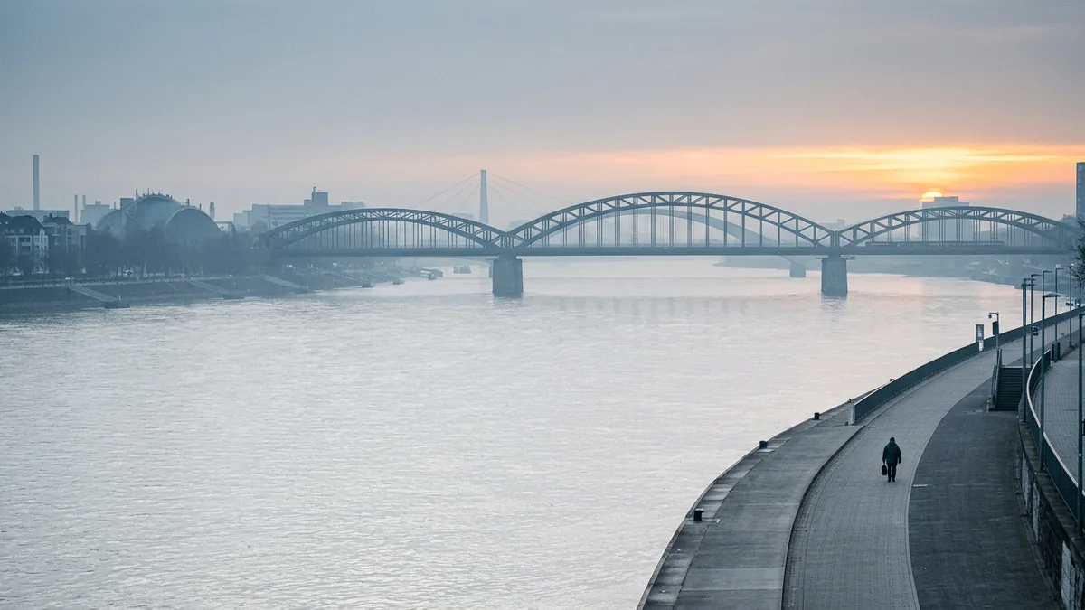 Mehrere Rheinbrücken staffeln sich im Morgendunst hintereinander, vom rechten Ufer gesehen