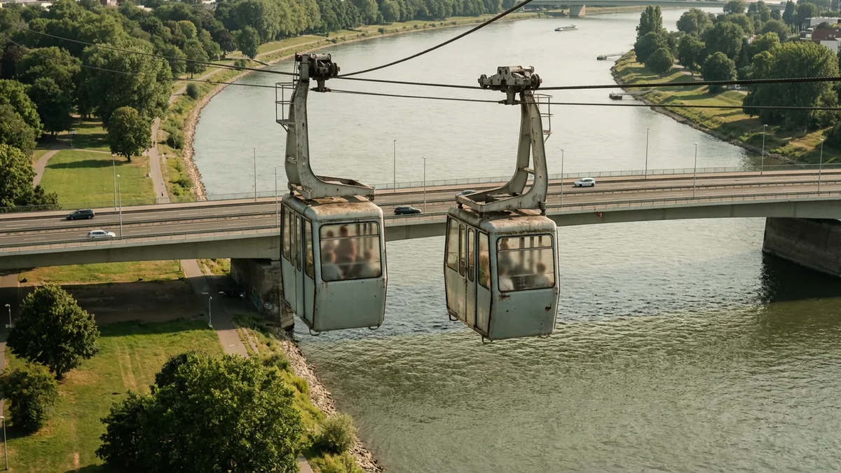Zwei ältere Seilbahngondeln hängen über einem Fluss, darunter eine Straßenbrücke mit Autos, an den Ufern Grünanlagen
