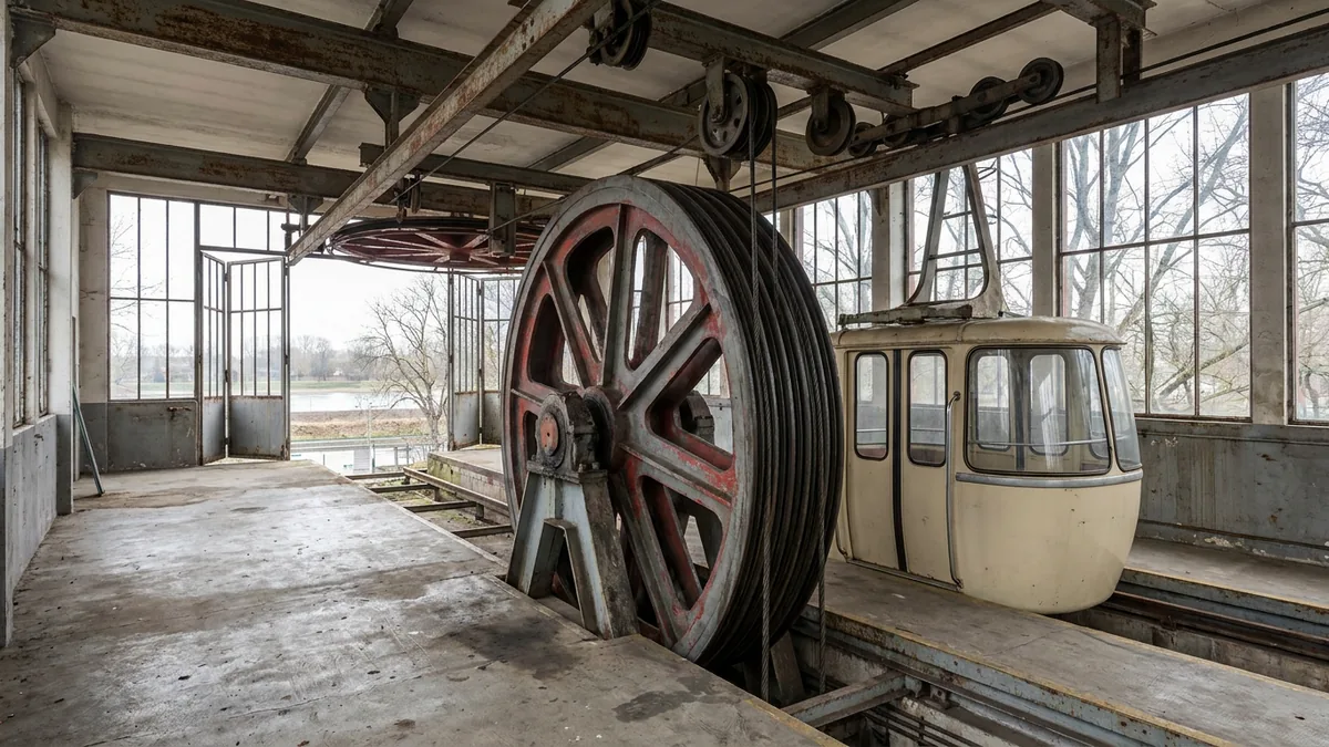 Große Seilscheibe mit aufliegenden Seilwindungen in einer Seilbahnstation, daneben eine ältere cremefarbene Gondel