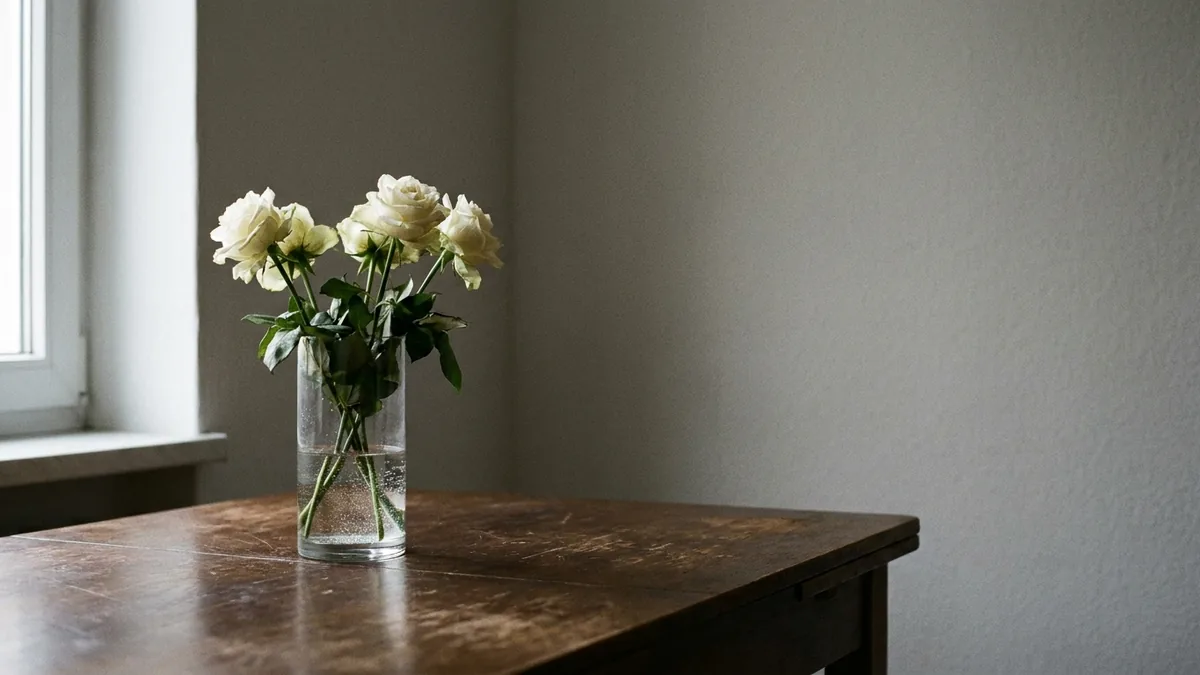 Weiße Rosen in einer schlichten Glasvase auf einem dunklen Holztisch