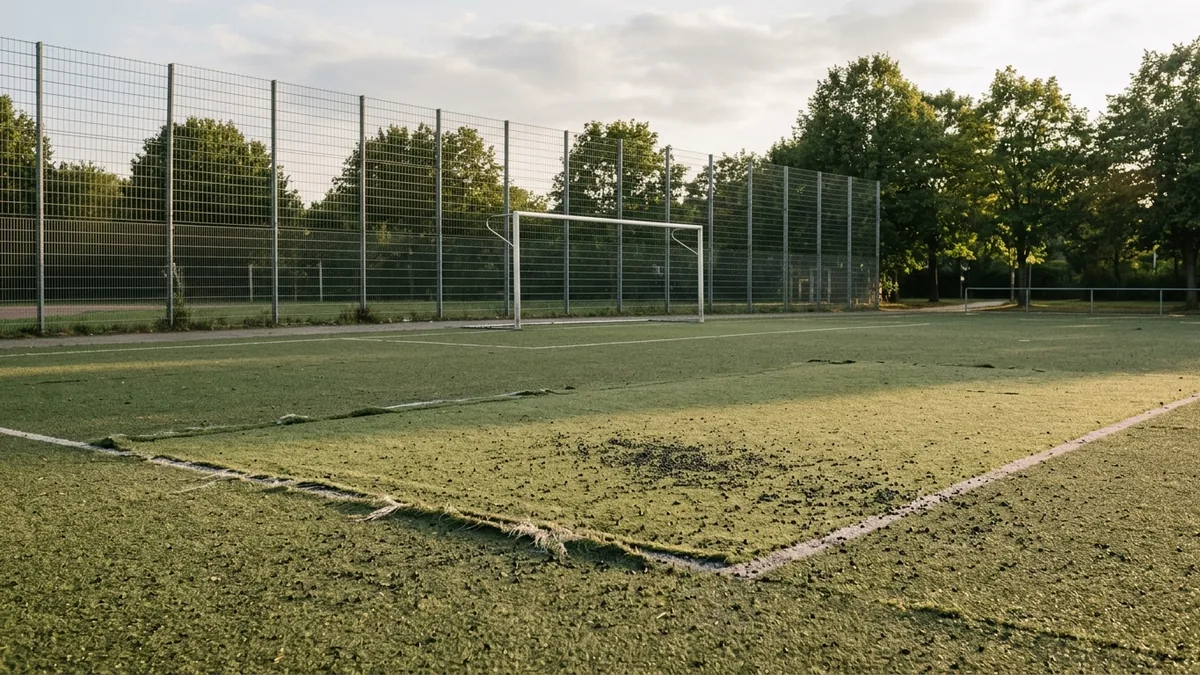 Abgenutzter Kunstrasenplatz einer Kölner Bezirkssportanlage am späten Nachmittag
