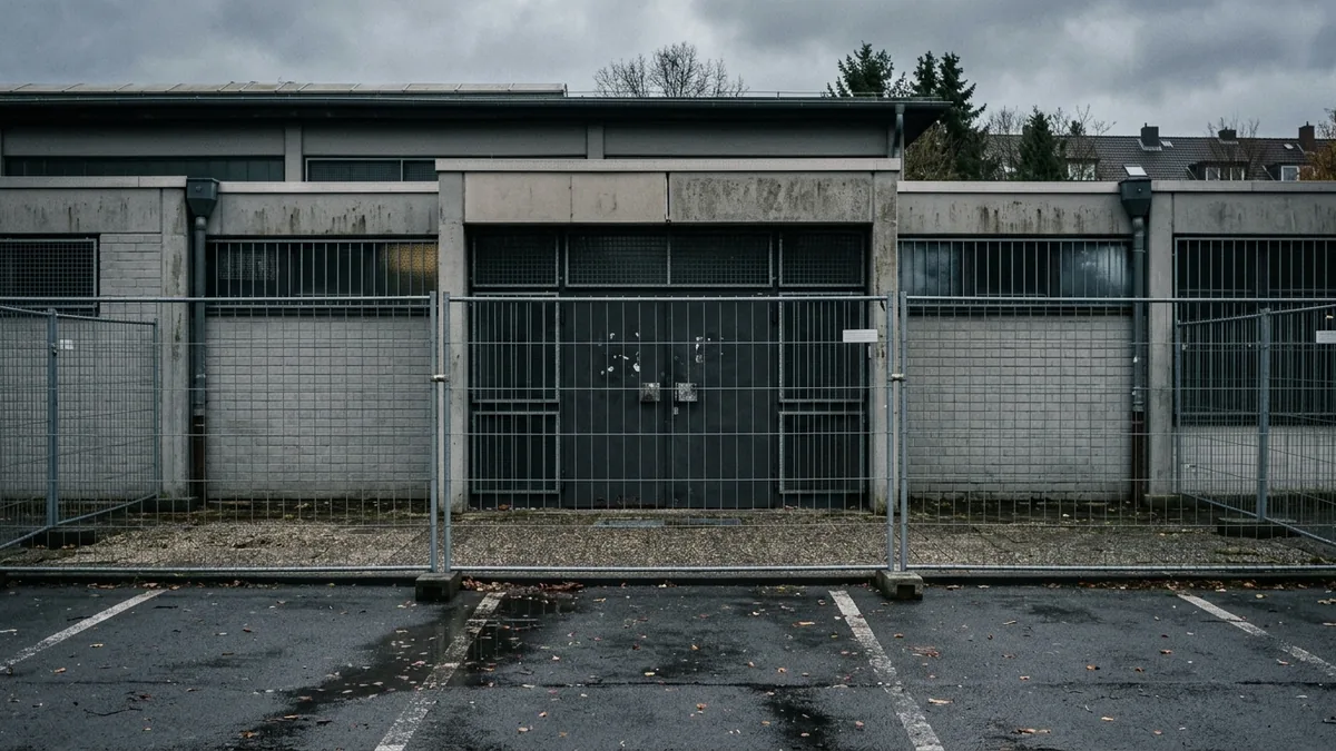 Geschlossene Sporthalle mit vergitterten Fenstern und Bauzaun davor
