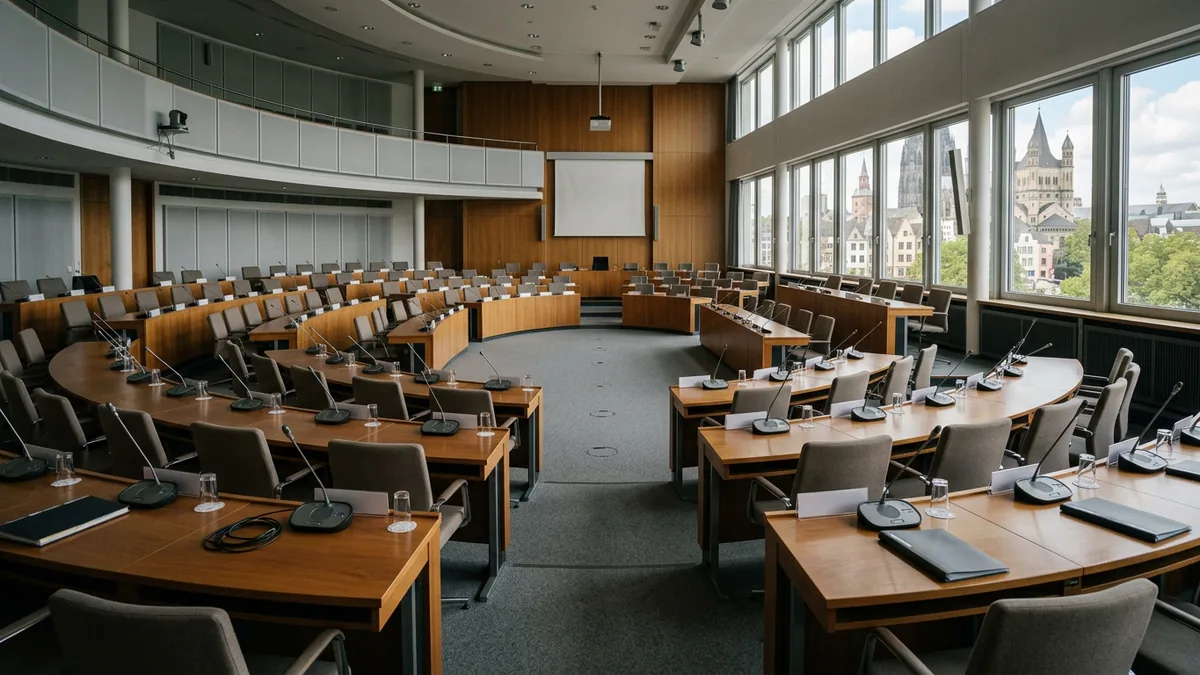 Leerer Sitzungssaal mit Stuhlreihen, Mikrofonen und Tischschildern