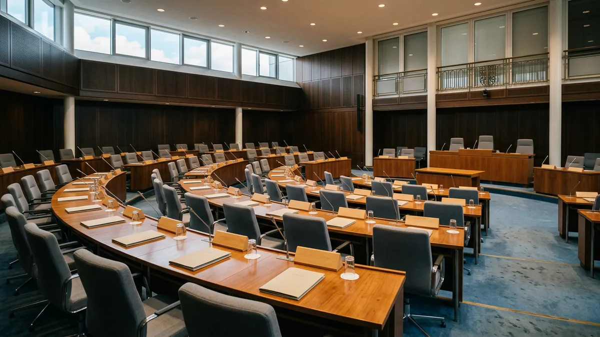 Leerer Ratssaal mit Stuhlreihen und Mikrofonen vor Beginn einer Sitzung
