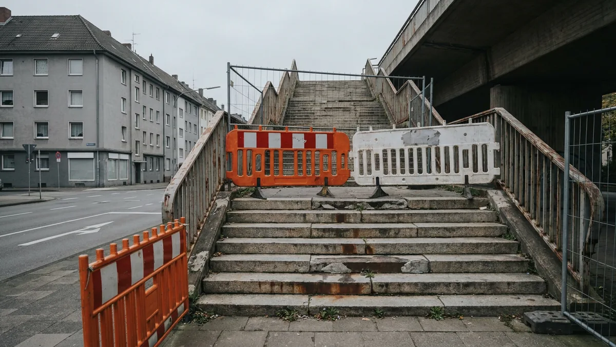 Marode Freitreppe mit bröckelnden Stufen, durch rot-weiße Absperrgitter und Bauzäune versperrt, dahinter Wohnblocks