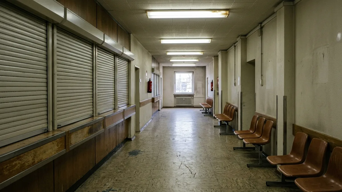 Leerer Flur einer staedtischen Einrichtung in Köln mit geschlossenem Schalter