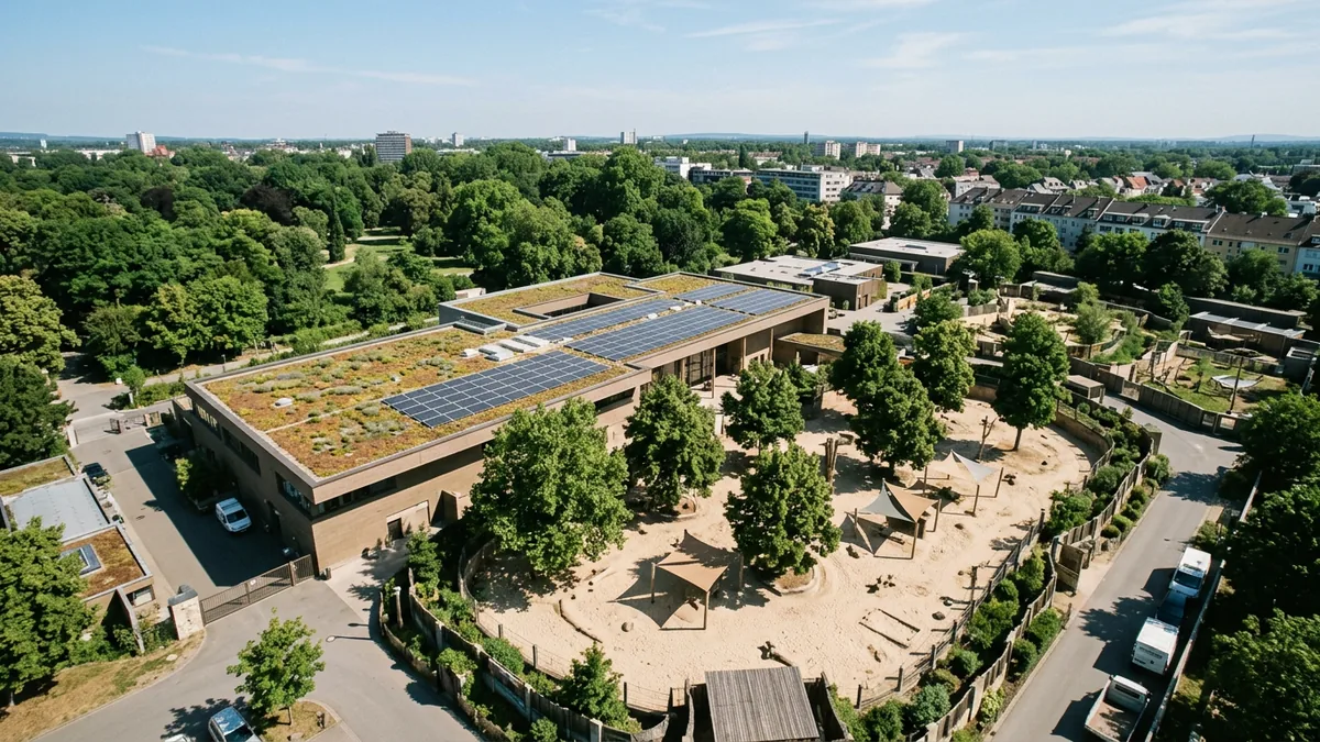 Luftbild eines Zoogebäudes mit Gründach und Photovoltaikmodulen neben einer sandigen Außenanlage