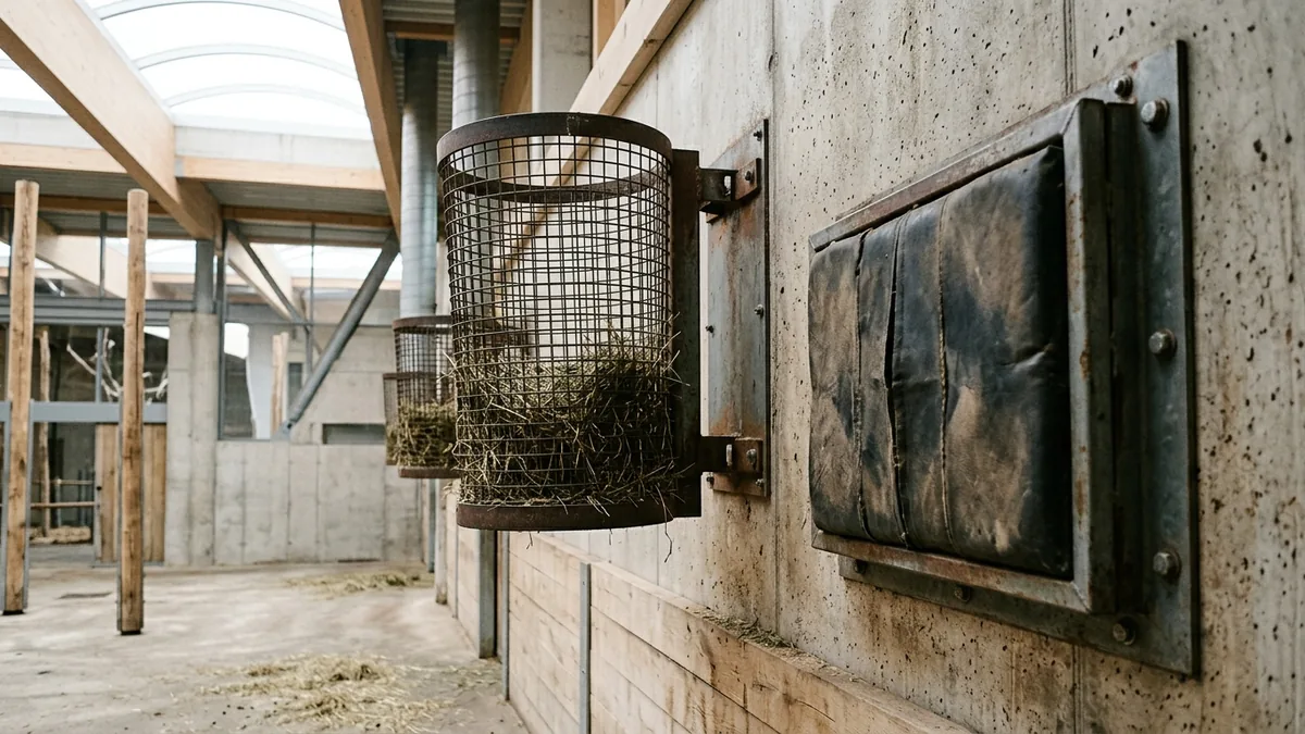 Nahaufnahme hoher Futterkörbe und einer gepolsterten Trainingswand in einer hellen Tierhalle