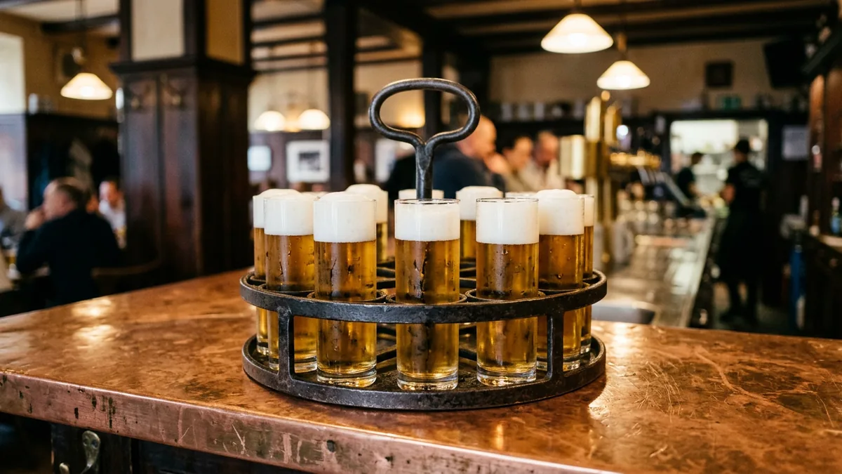 Runder Metallkranz mit frisch gezapften schmalen Kölschgläsern auf der Kupfertheke eines Brauhauses