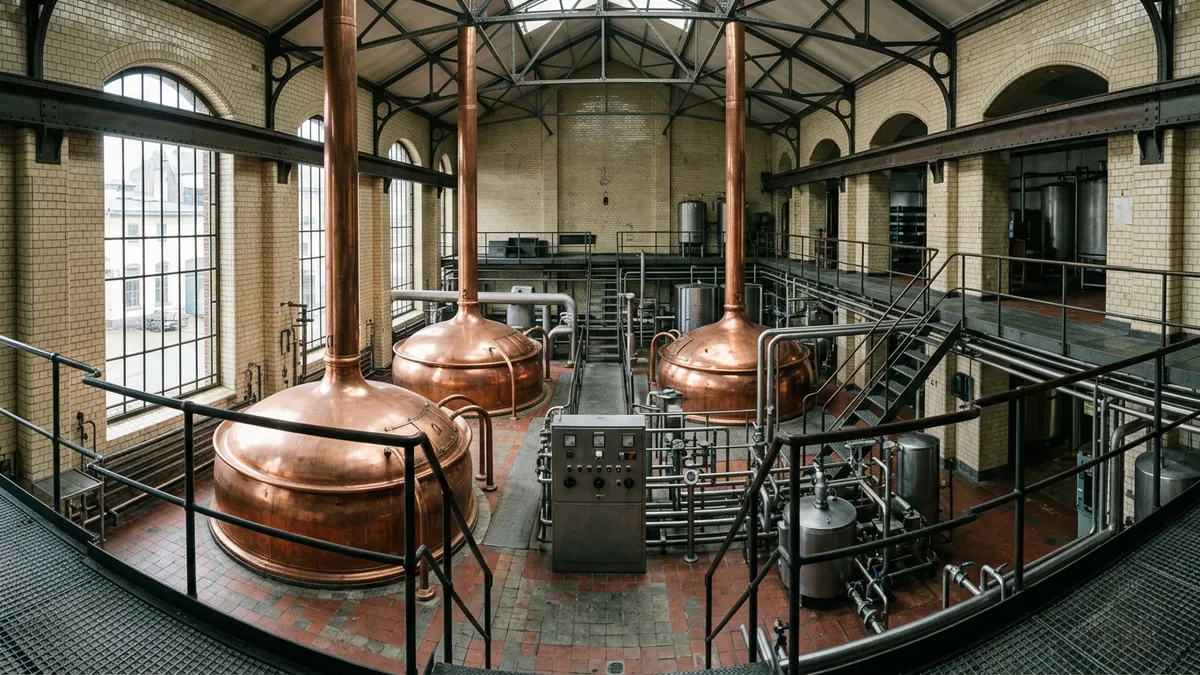 Sudhaus einer Brauerei mit großen kupfernen Kesseln unter hoher gekachelter Halle