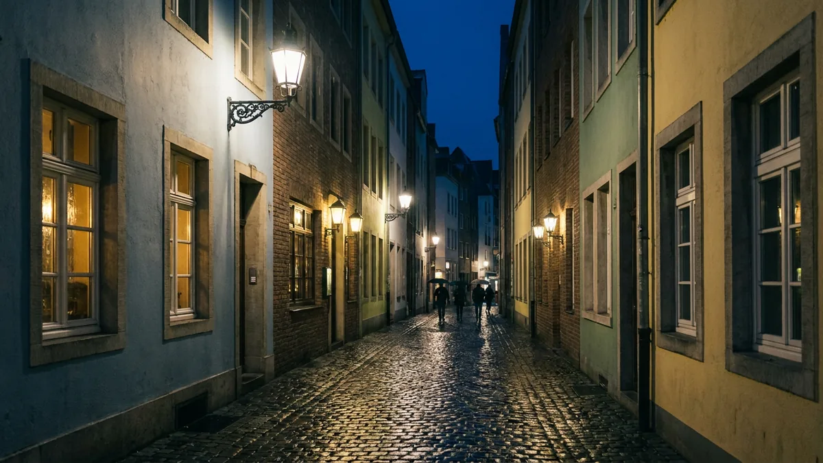 Enge Kopfsteinpflastergasse bei Nacht, Laternen spiegeln sich im nassen Pflaster, einzelne Passanten mit Schirmen