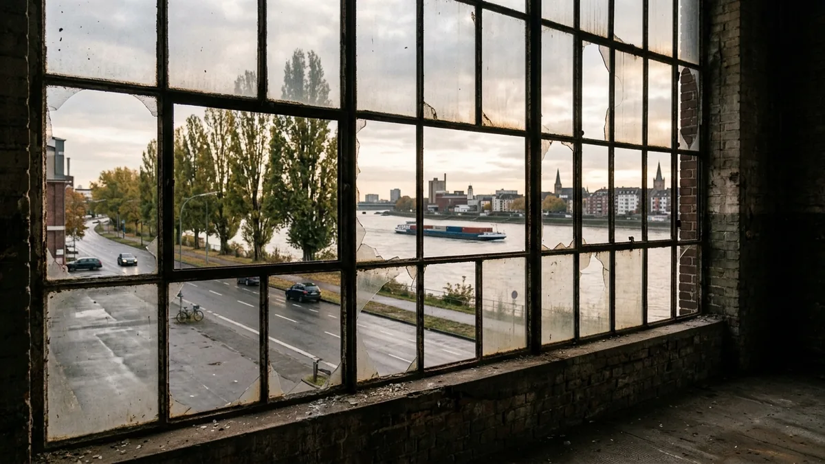 Blick durch ein zerbrochenes Hallenfenster auf eine Uferstraße und den Rhein dahinter