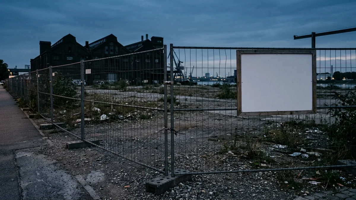 Bauzaun auf einem ehemaligen Industriegelände in Köln-Mülheim in der Dämmerung