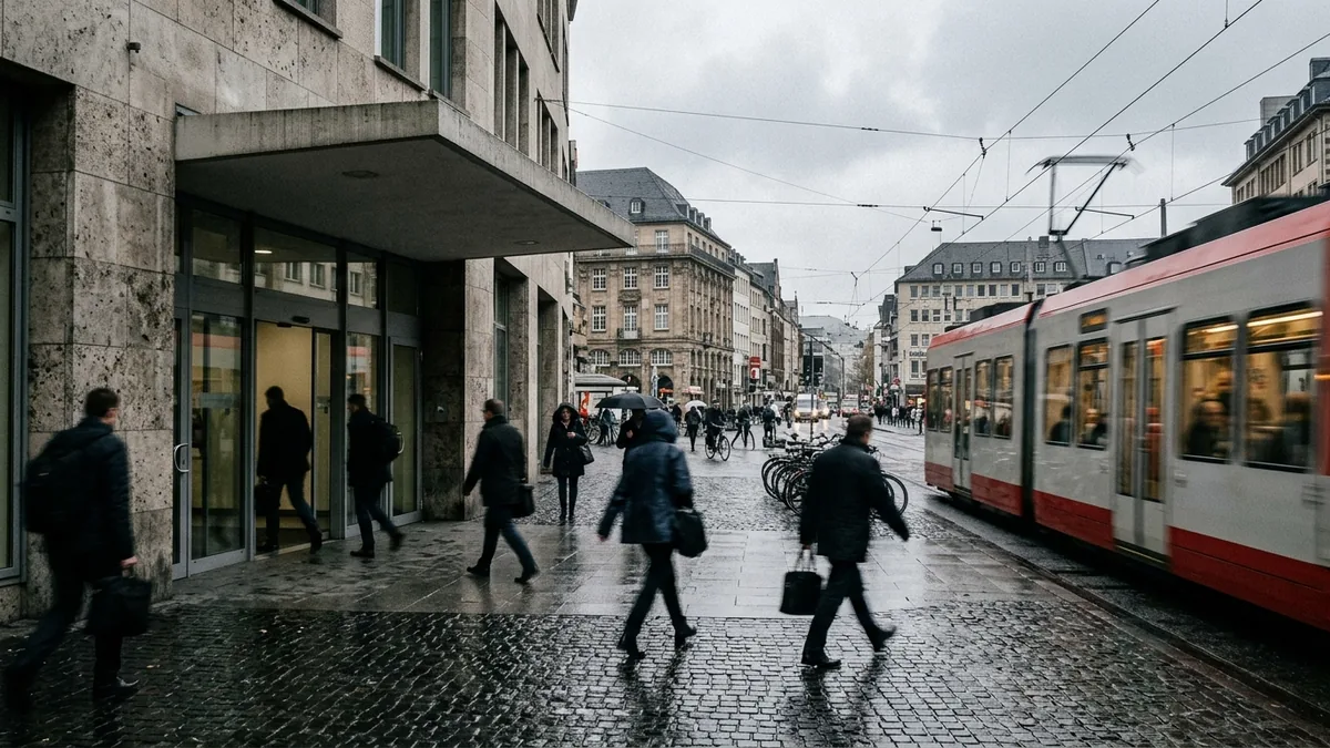 Eingangsbereich eines Bankgebäudes am Kölner Neumarkt mit vorbeifahrender Stadtbahn