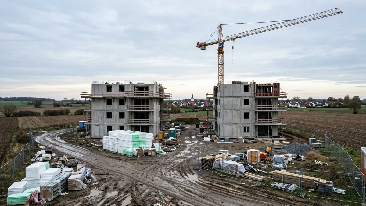 Rohbau eines Wohnprojekts im Kölner Umland mit Turmdrehkran, Weitwinkel