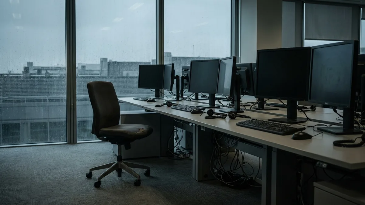 Dunkles Büro mit Bildschirmreihen, Tastaturen und Headsets auf leeren Schreibtischen, vor dem Fenster Regen
