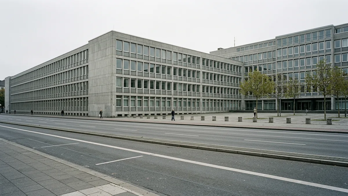 Nüchterner Verwaltungsbau mit Betonfassade an einer breiten Ringstraße in Köln am Morgen