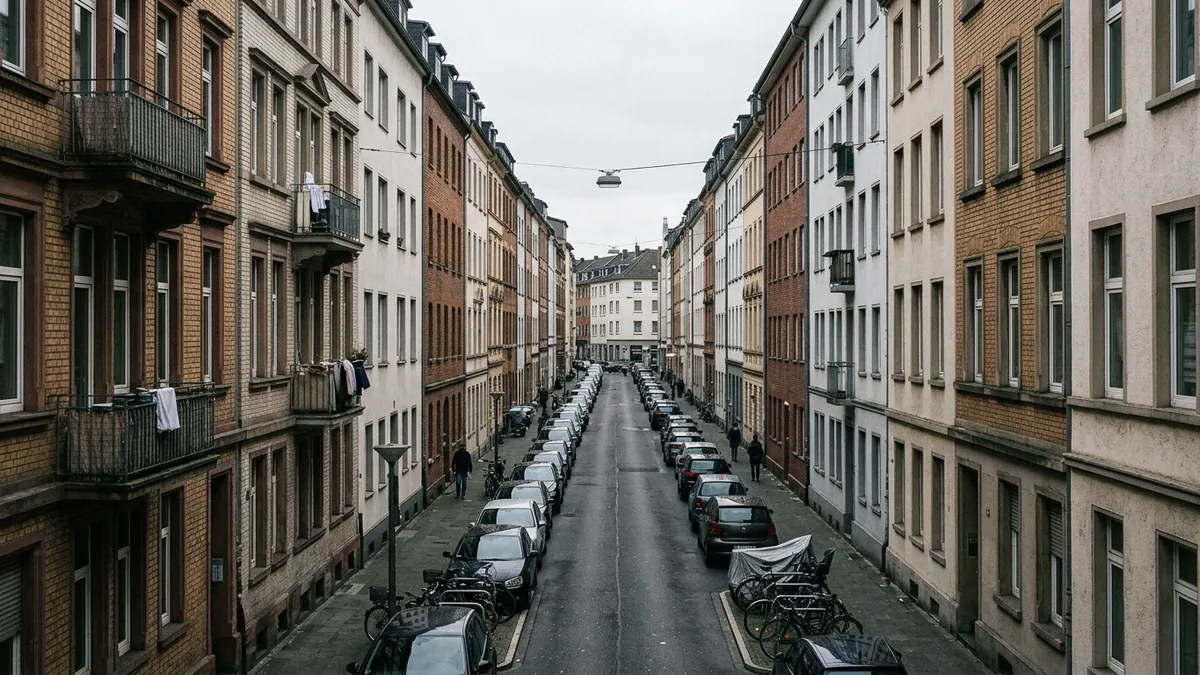 Dichte Gründerzeitstraße in der Kölner Neustadt mit parkenden Autos und Fahrrädern am Mittag