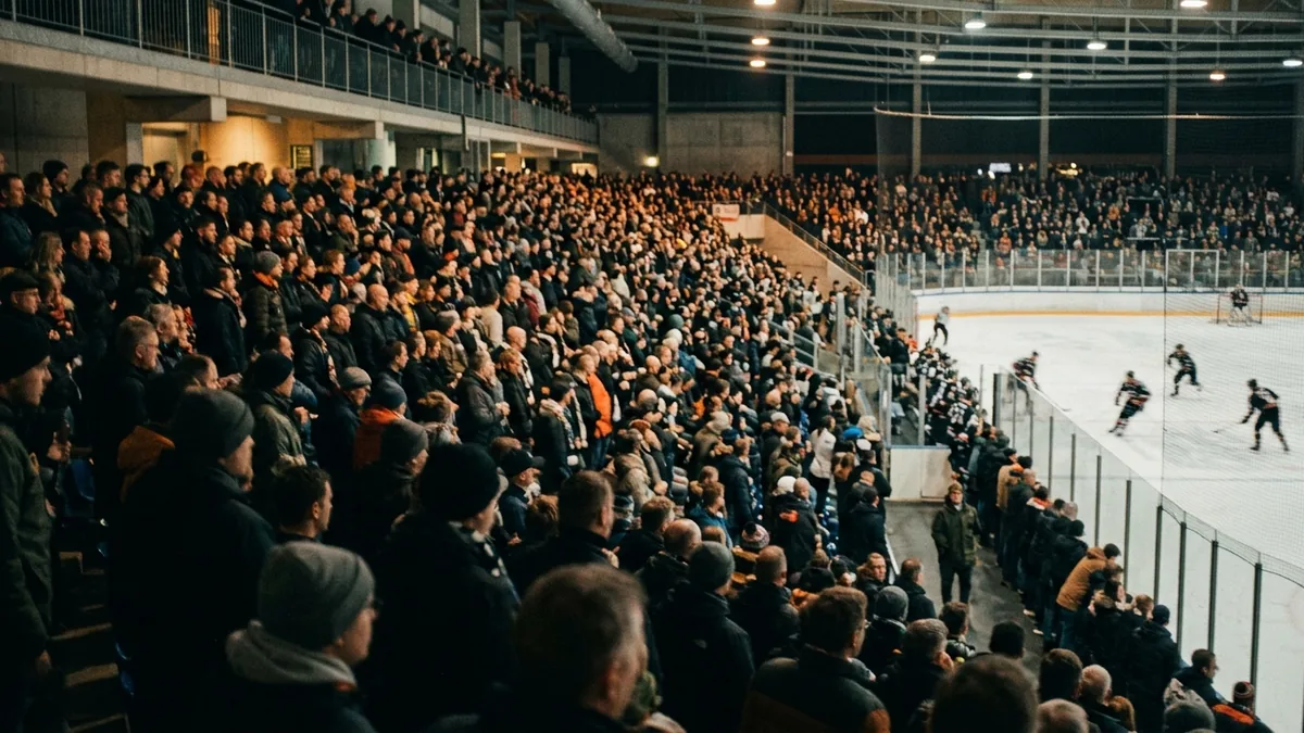 Volle Tribüne einer Eissporthalle aus erhöhter Perspektive
