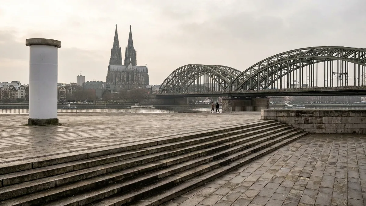 Leere Treppenstufen am Rheinufer, dahinter Hohenzollernbrücke und Kölner Dom unter grauem Himmel, links eine Litfaßsäule