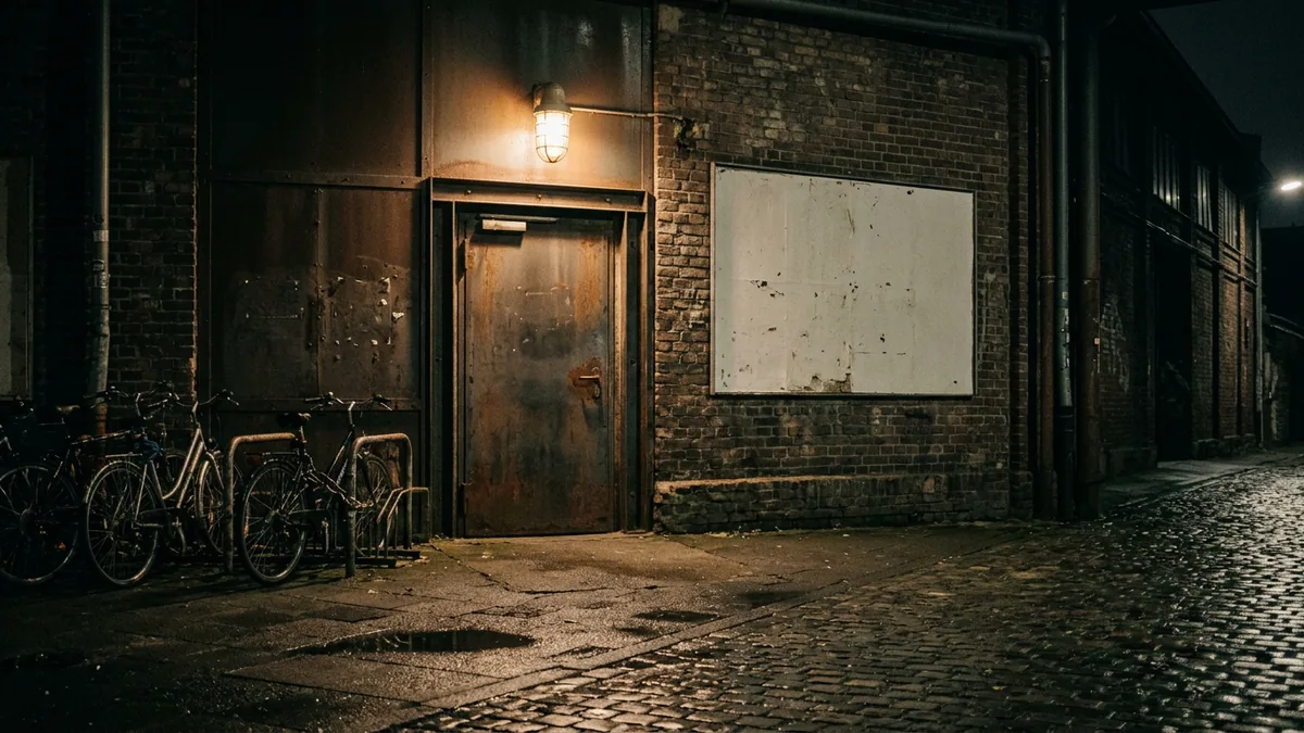 Beleuchteter Eingang einer umgebauten Industriehalle in Köln-Ehrenfeld bei Nacht