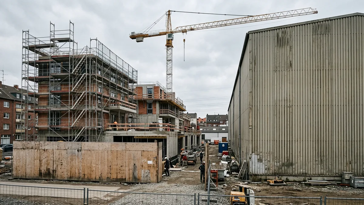 Wohnbaustelle mit Gerüst direkt neben einer fensterlosen Industriehalle in Ehrenfeld