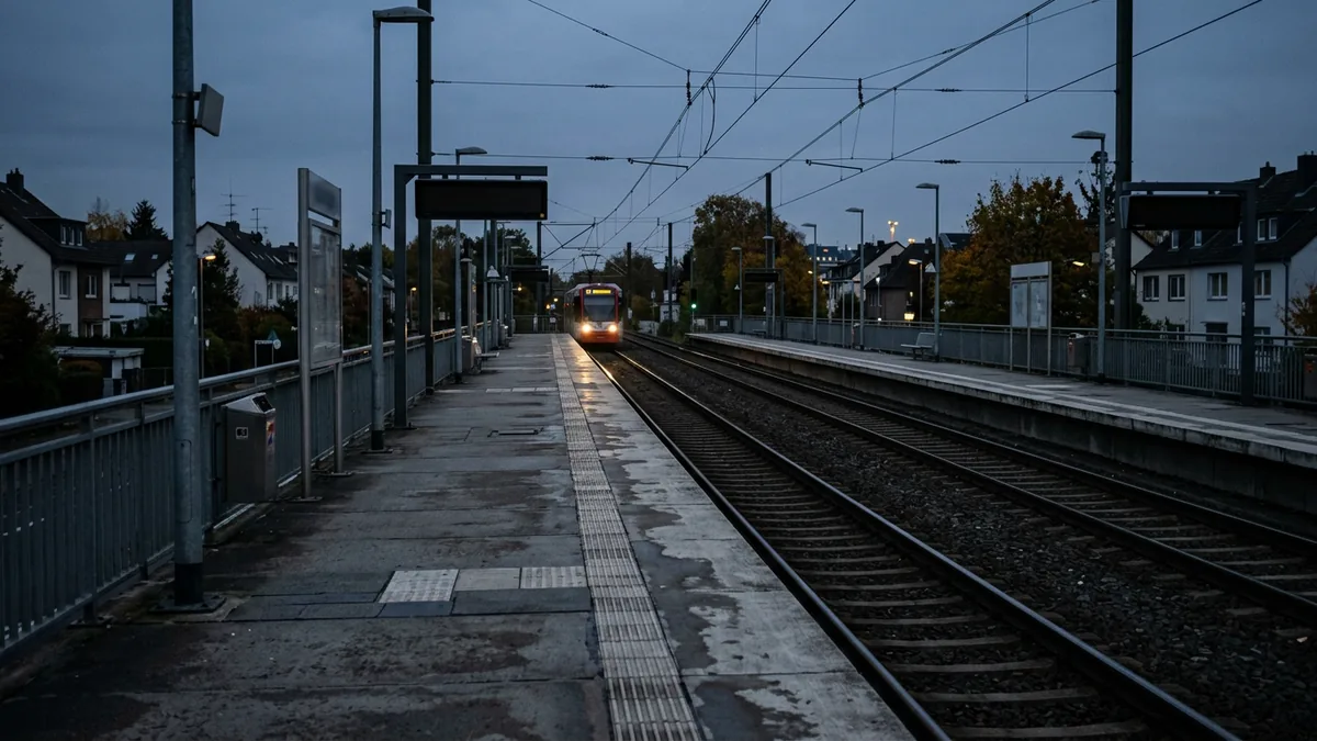 Leerer Bahnsteig einer Kölner Stadtbahnhaltestelle in der Hauptverkehrszeit